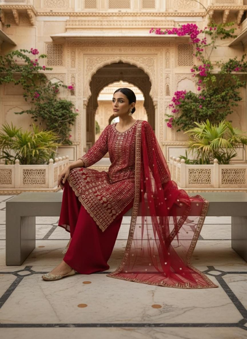 Designer Red Pakistani Wedding Shalwar kameez Suit With Dupatta Set