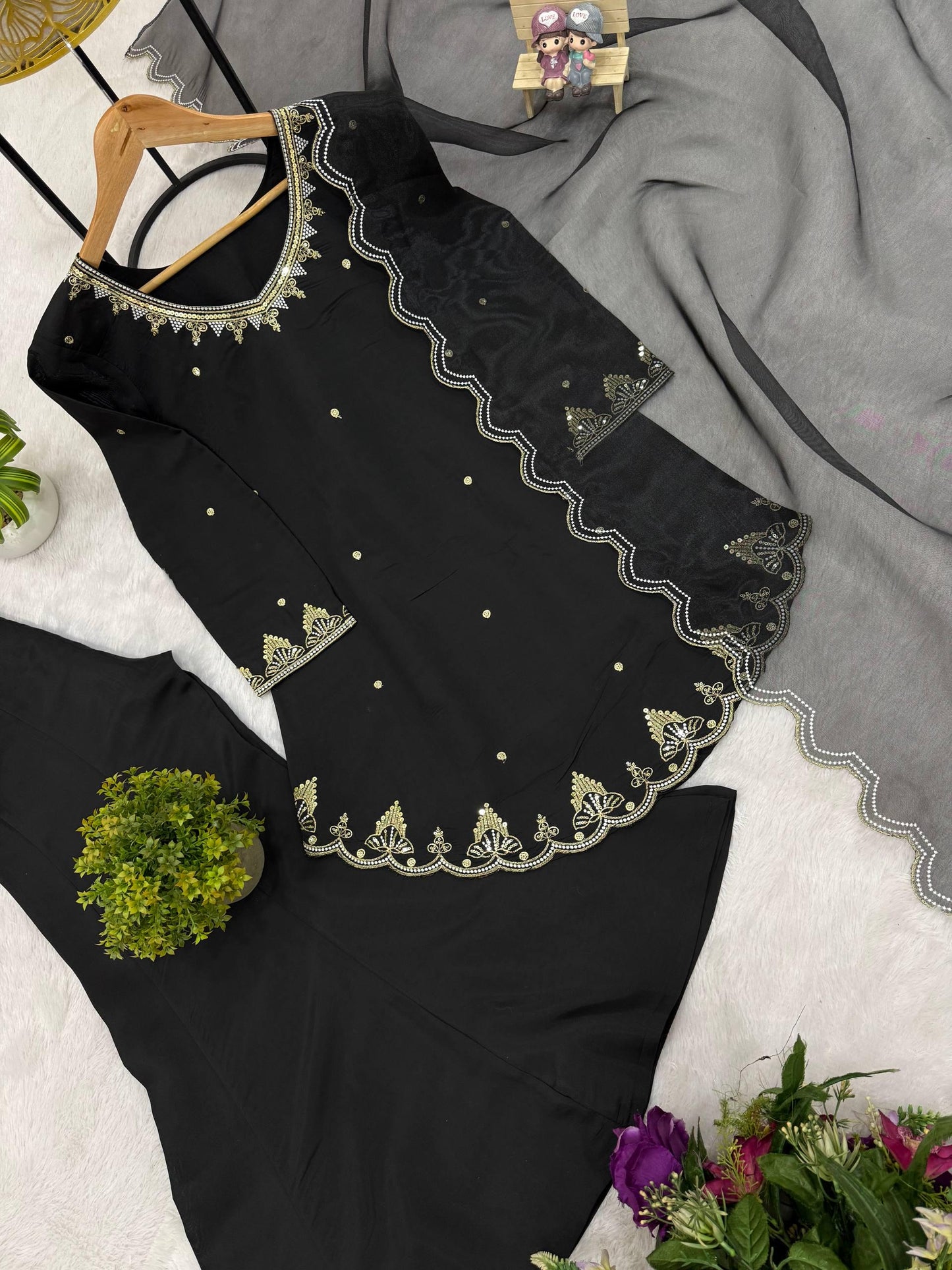 Designer Black Georgette Embroidered Kurti Palazzo Set with Net Dupatta