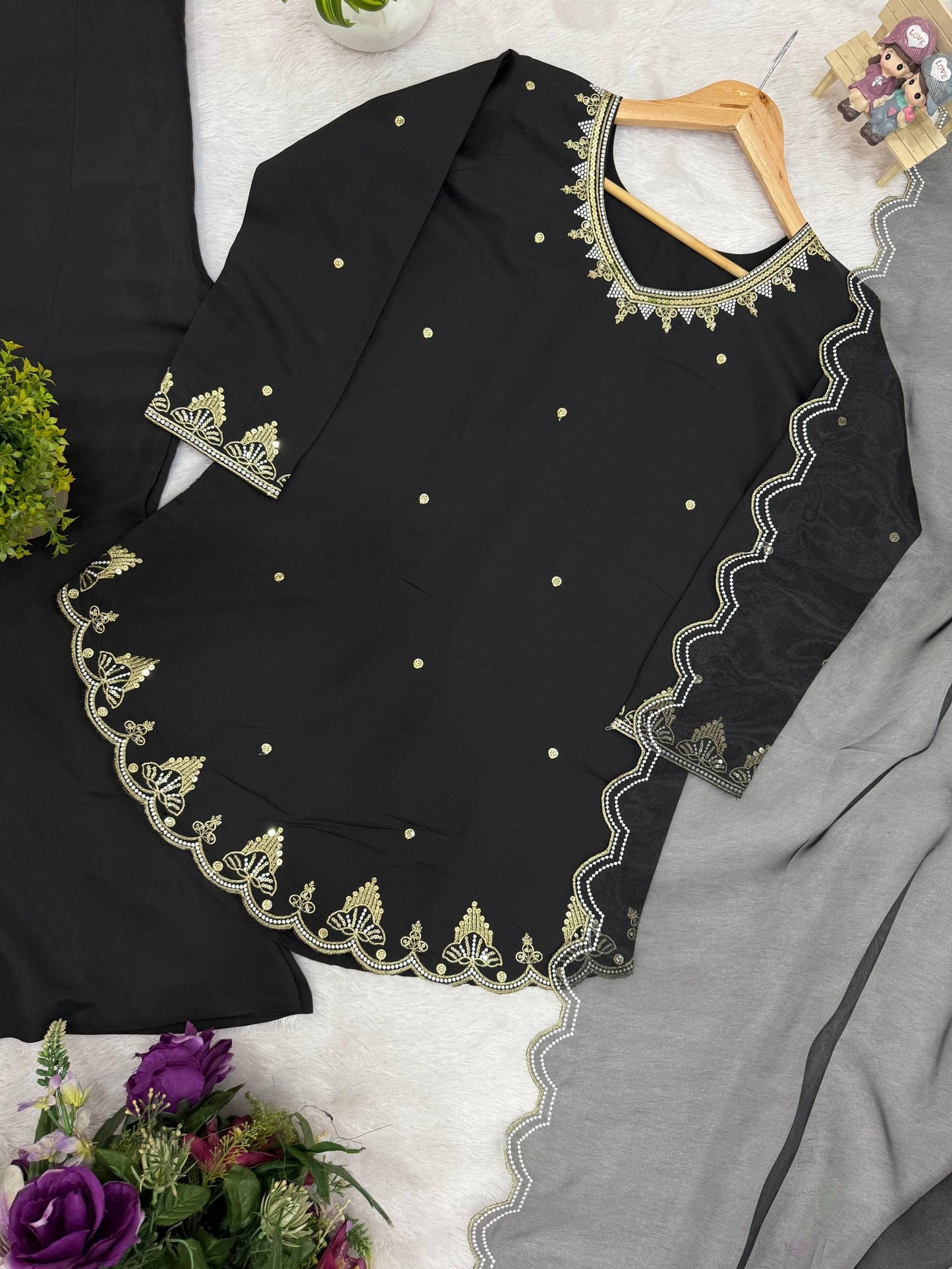 Designer Black Georgette Embroidered Kurti Palazzo Set with Net Dupatta