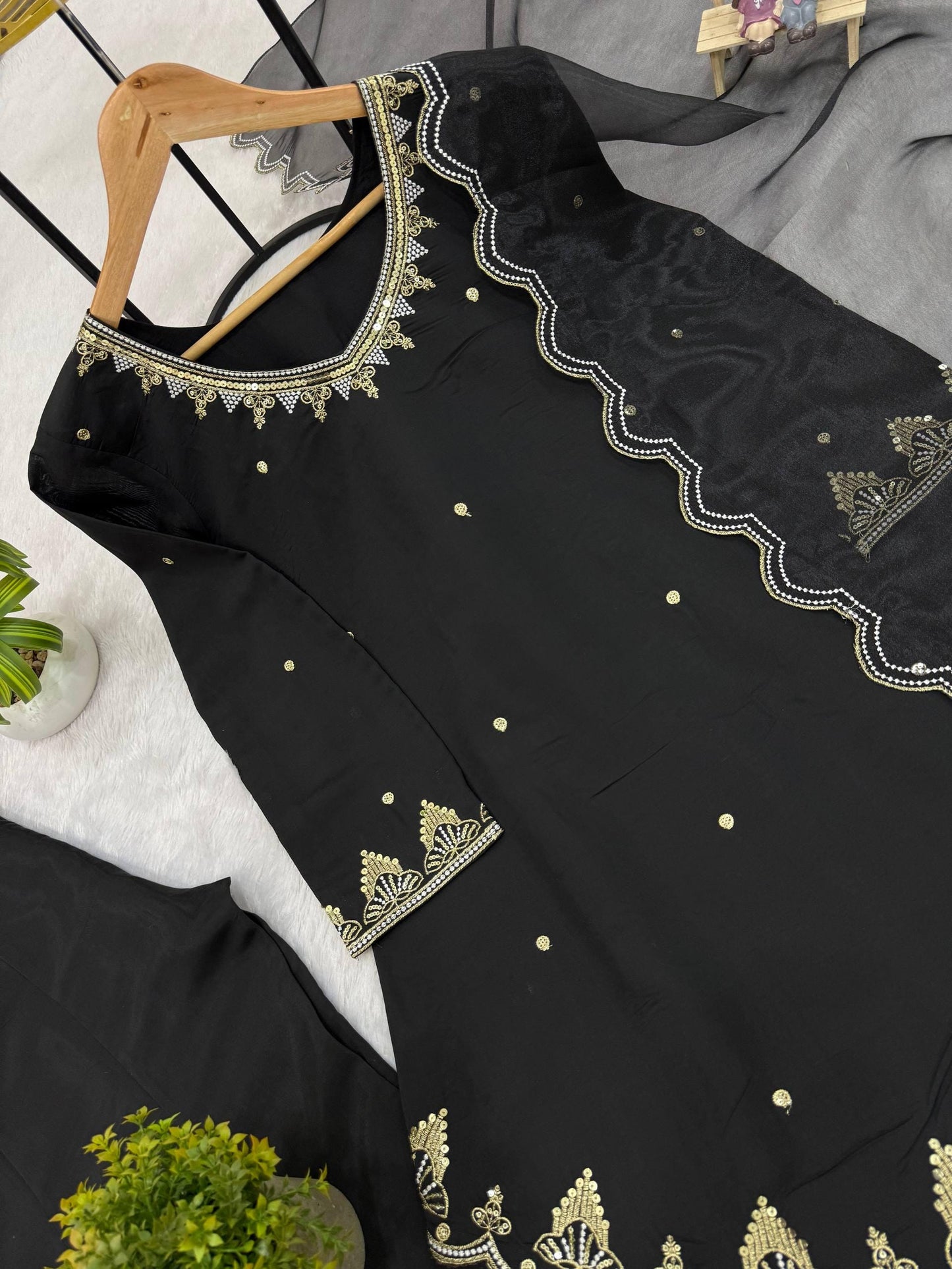 Designer Black Georgette Embroidered Kurti Palazzo Set with Net Dupatta