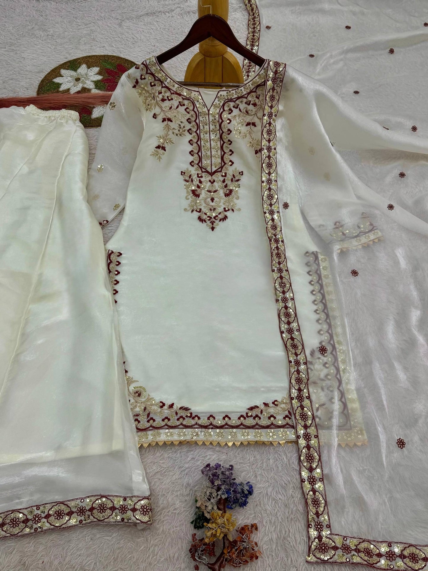 Off White Designer Kurta Palazzo Suit & Embroidery Sequence Work With Dupatta Set