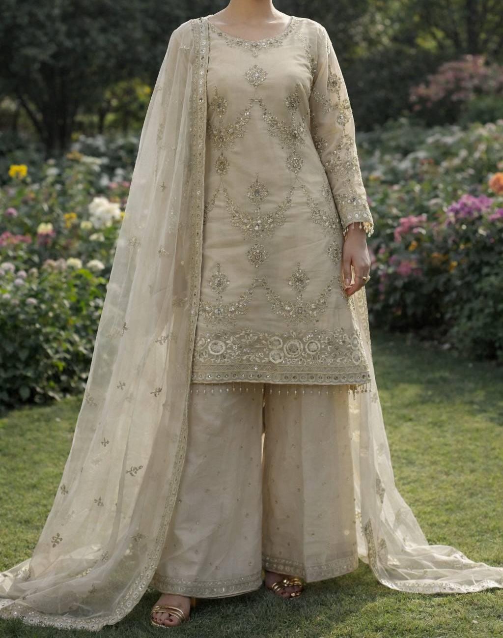 Beige Pakistani Style Palazzo Suit With Dupatta | Embroidered & Sequence Work