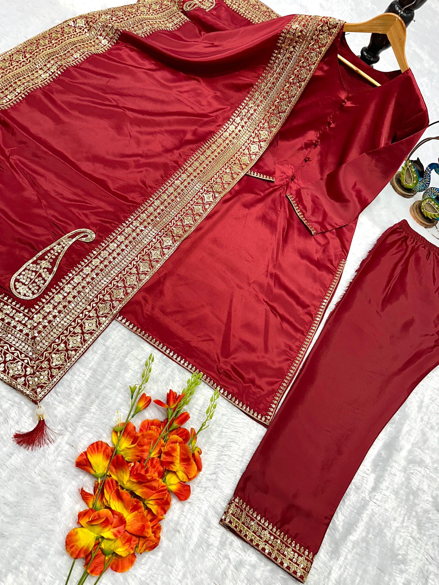 Designer Red Long kurti & Palazzo With Matching Dupatta Set | Sequin Work Suit
