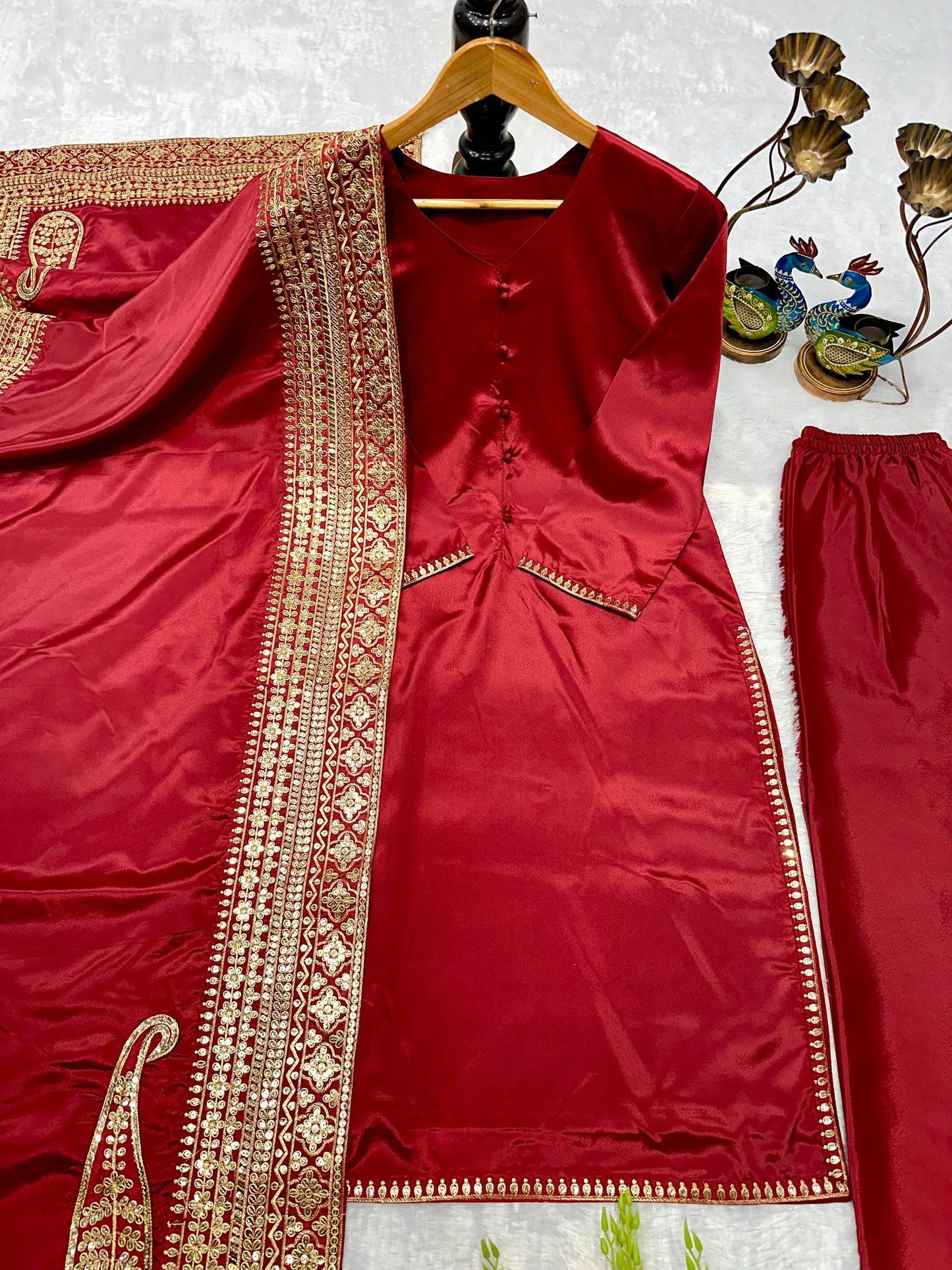 Designer Red Long kurti & Palazzo With Matching Dupatta Set | Sequin Work Suit