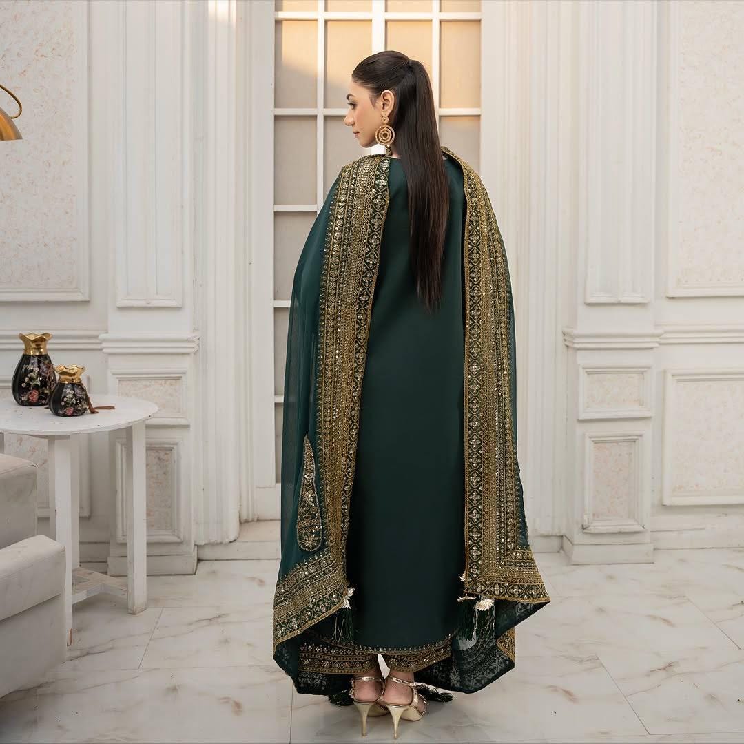 Designer Deep Mystique Green 3 Piece Stitched Suit Pakistani / Punjabi Nikkah Set Eid Outfit