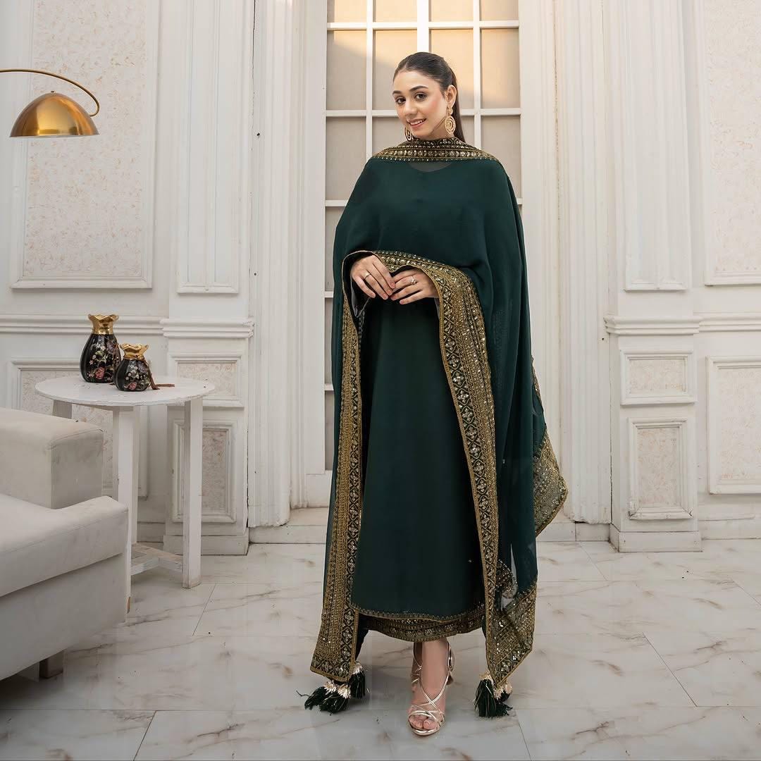 Designer Deep Mystique Green 3 Piece Stitched Suit Pakistani / Punjabi Nikkah Set Eid Outfit