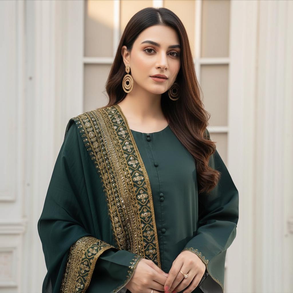 Designer Deep Mystique Green 3 Piece Stitched Suit Pakistani / Punjabi Nikkah Set Eid Outfit