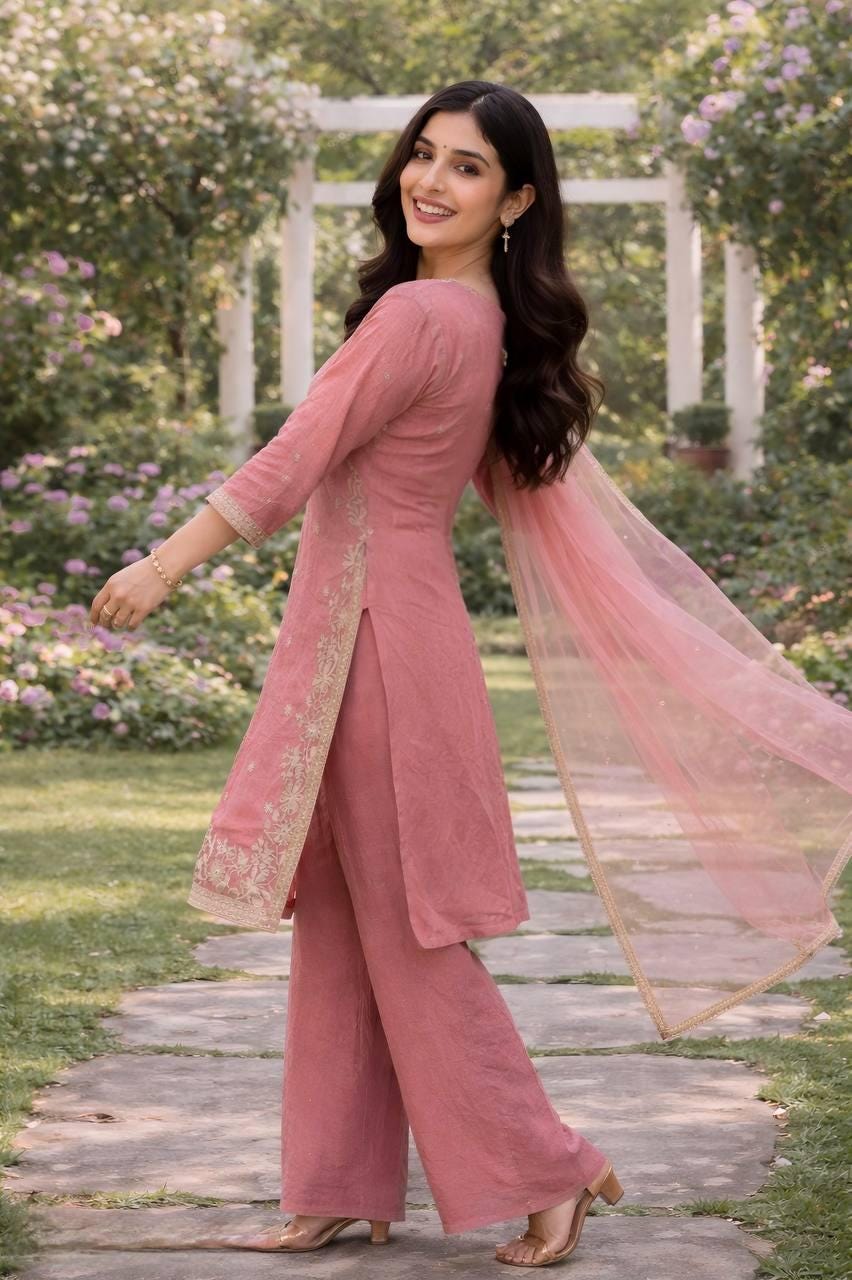 Designer Dusty Pink Embroidered Kurti Palazzo Set with Net Dupatta