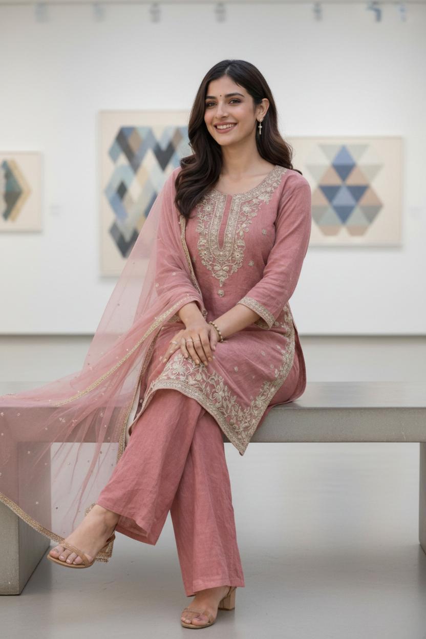 Designer Dusty Pink Embroidered Kurti Palazzo Set with Net Dupatta