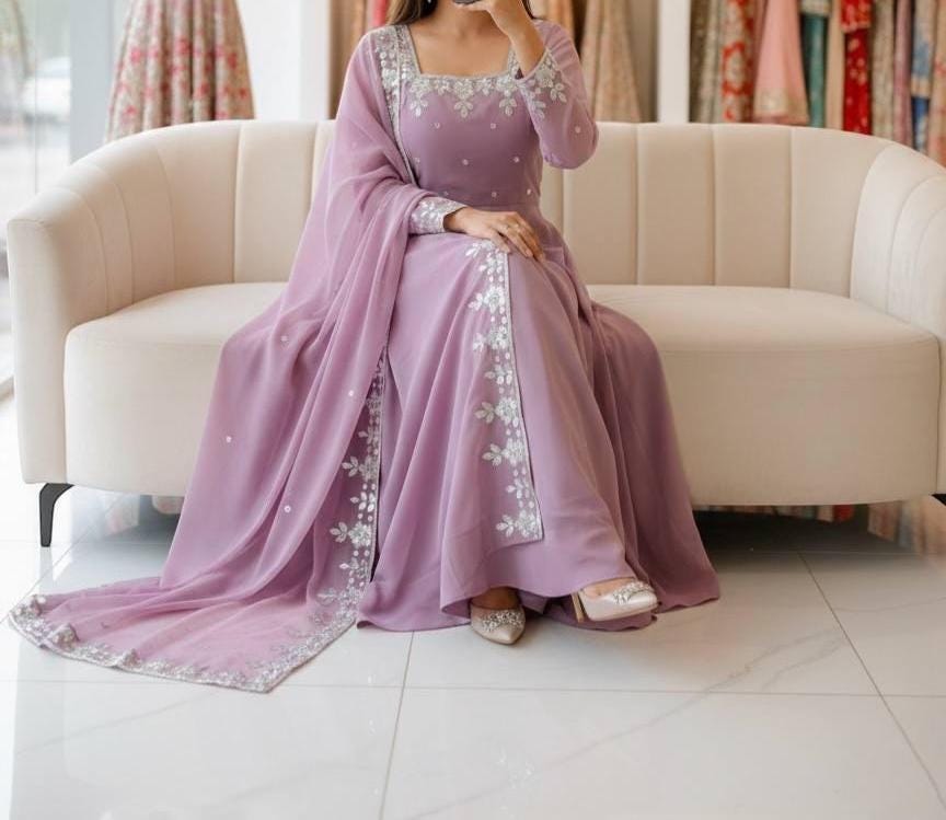 Rose Embroidered Anarkali Gown with Dupatta for Women