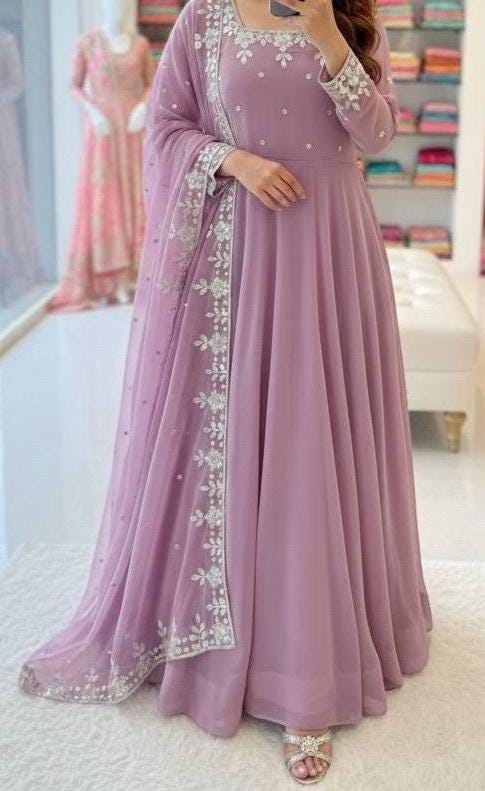 Rose Embroidered Anarkali Gown with Dupatta for Women