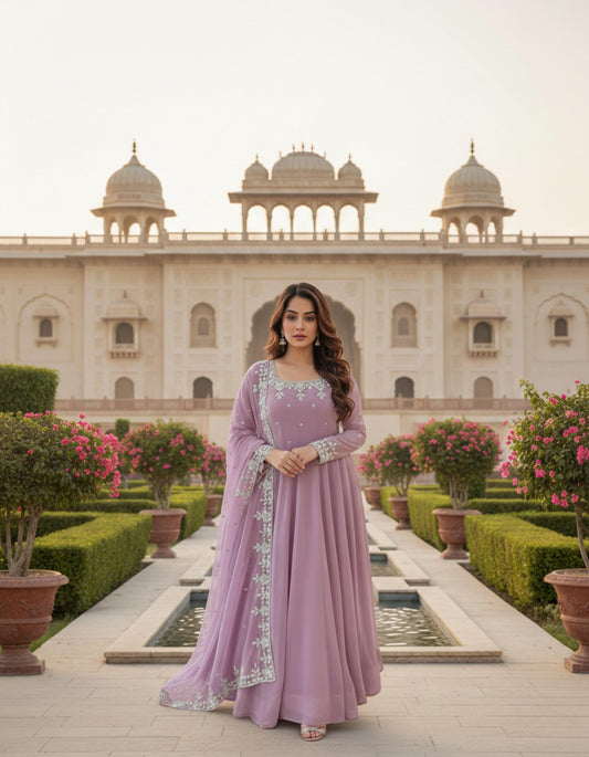 Rose Embroidered Anarkali Gown with Dupatta for Women