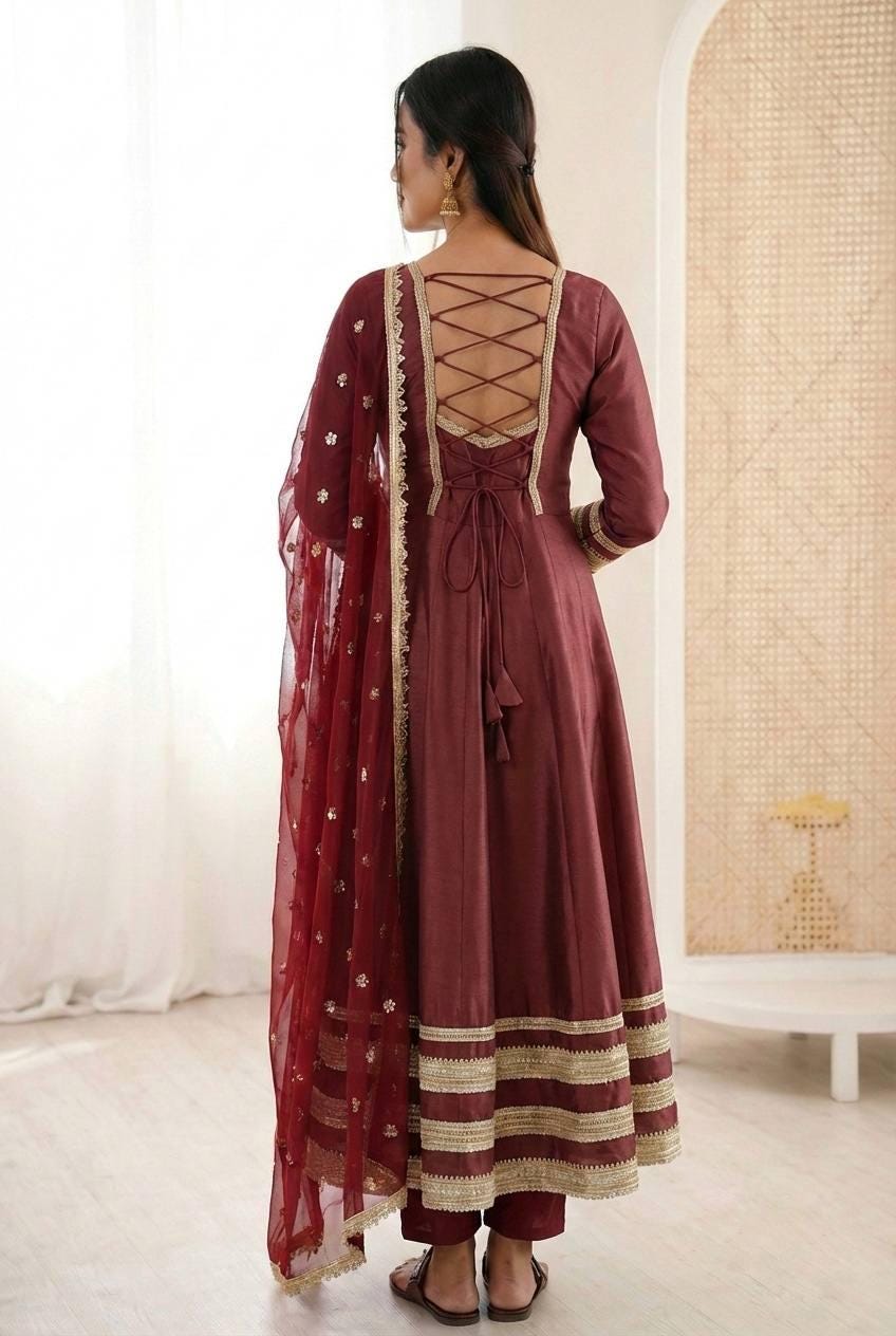 Maroon Anarkali Gown Set with Gold Border & Net Dupatta