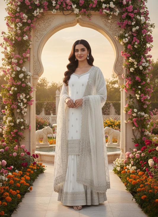 Indian Designer White Silk Kurti & Palazzo Set For Women