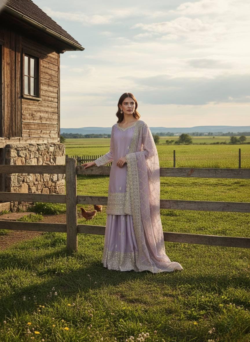 Designer Lavender Embroidered Kurti Palazzo Set with Dupatta