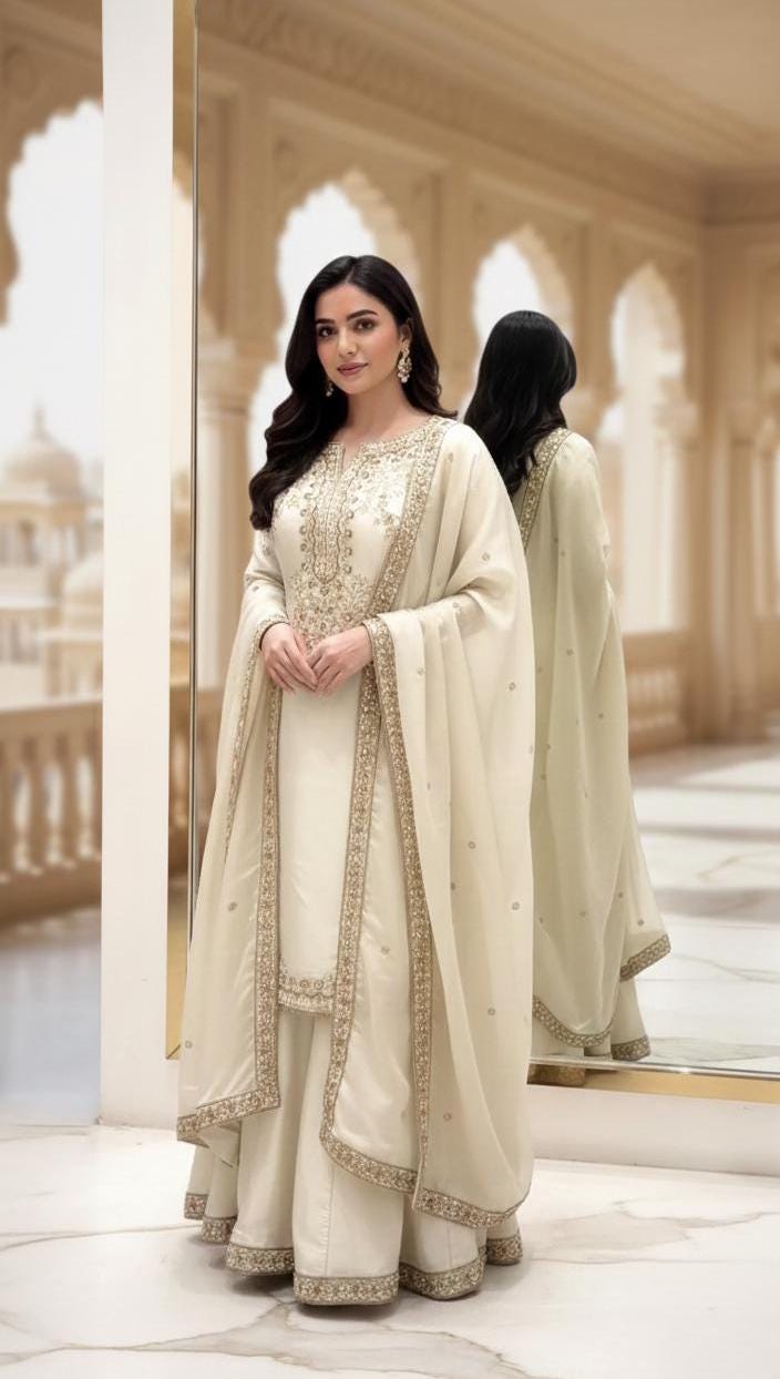 Off White Designer Kurta Palazzo Suit & Embroidery Sequence Work With Dupatta Set