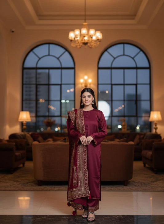 Designer Red Long kurti & Palazzo With Matching Dupatta Set | Sequin Work Suit