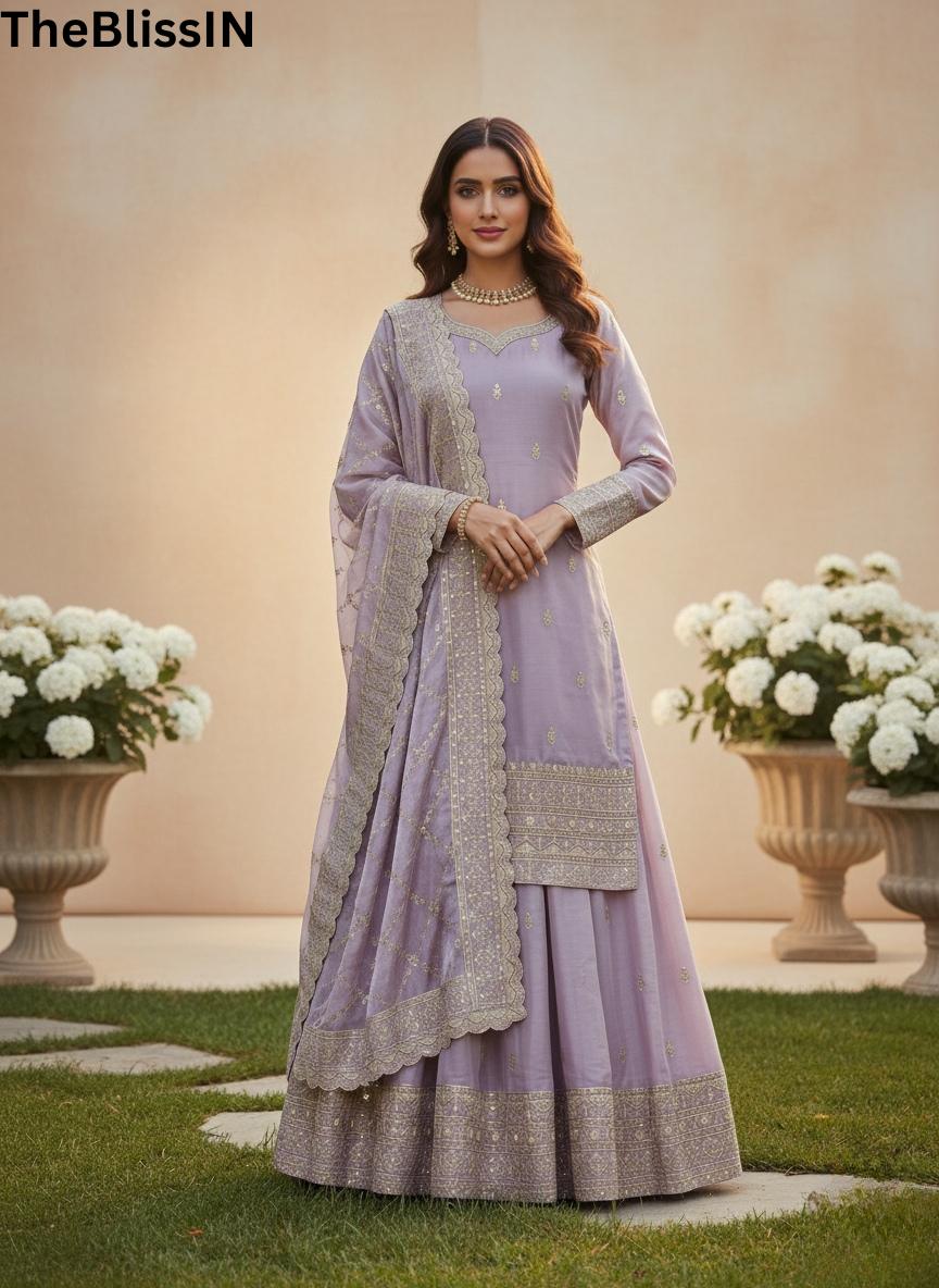 Designer Lavender Embroidered Kurti Palazzo Set with Dupatta