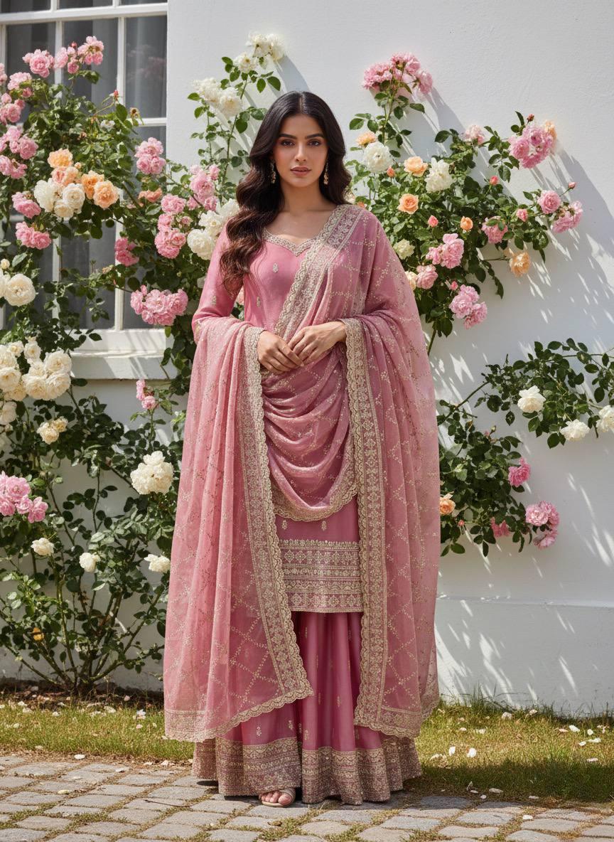 Pink Mauve Embroidered Silk Kurti Palazzo Dupatta - Festive Season Dress
