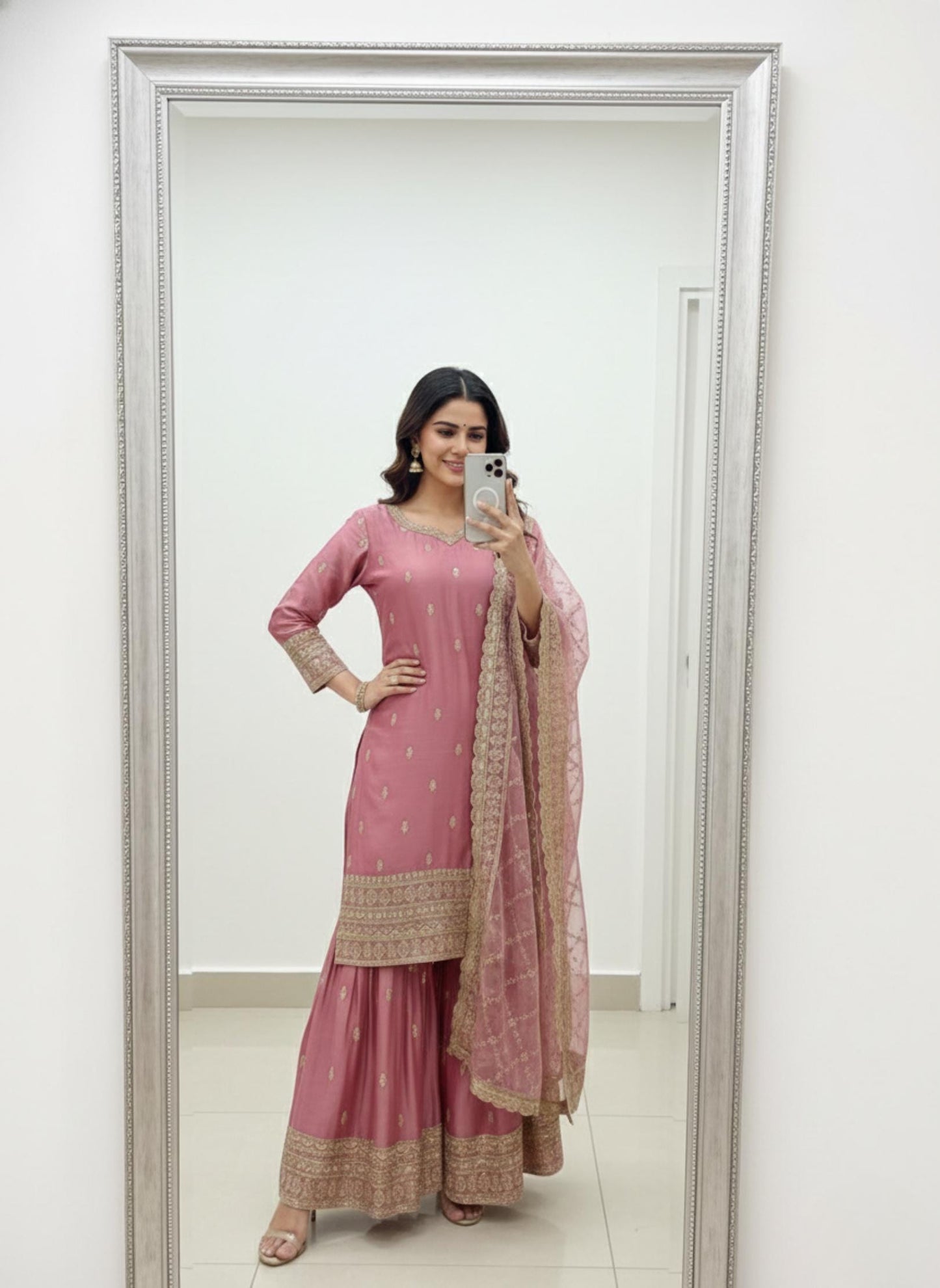 Pink Mauve Embroidered Silk Kurti Palazzo Dupatta - Festive Season Dress