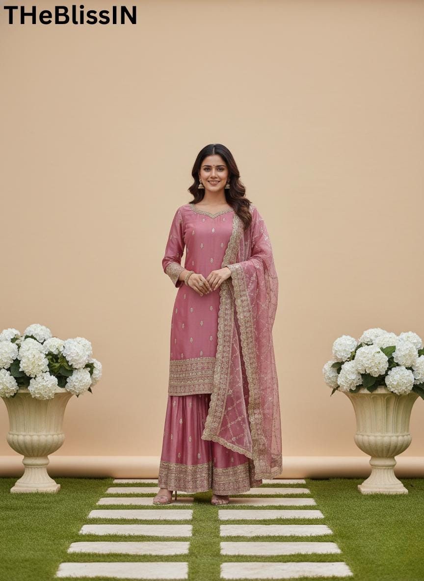 Pink Mauve Embroidered Silk Kurti Palazzo Dupatta - Festive Season Dress