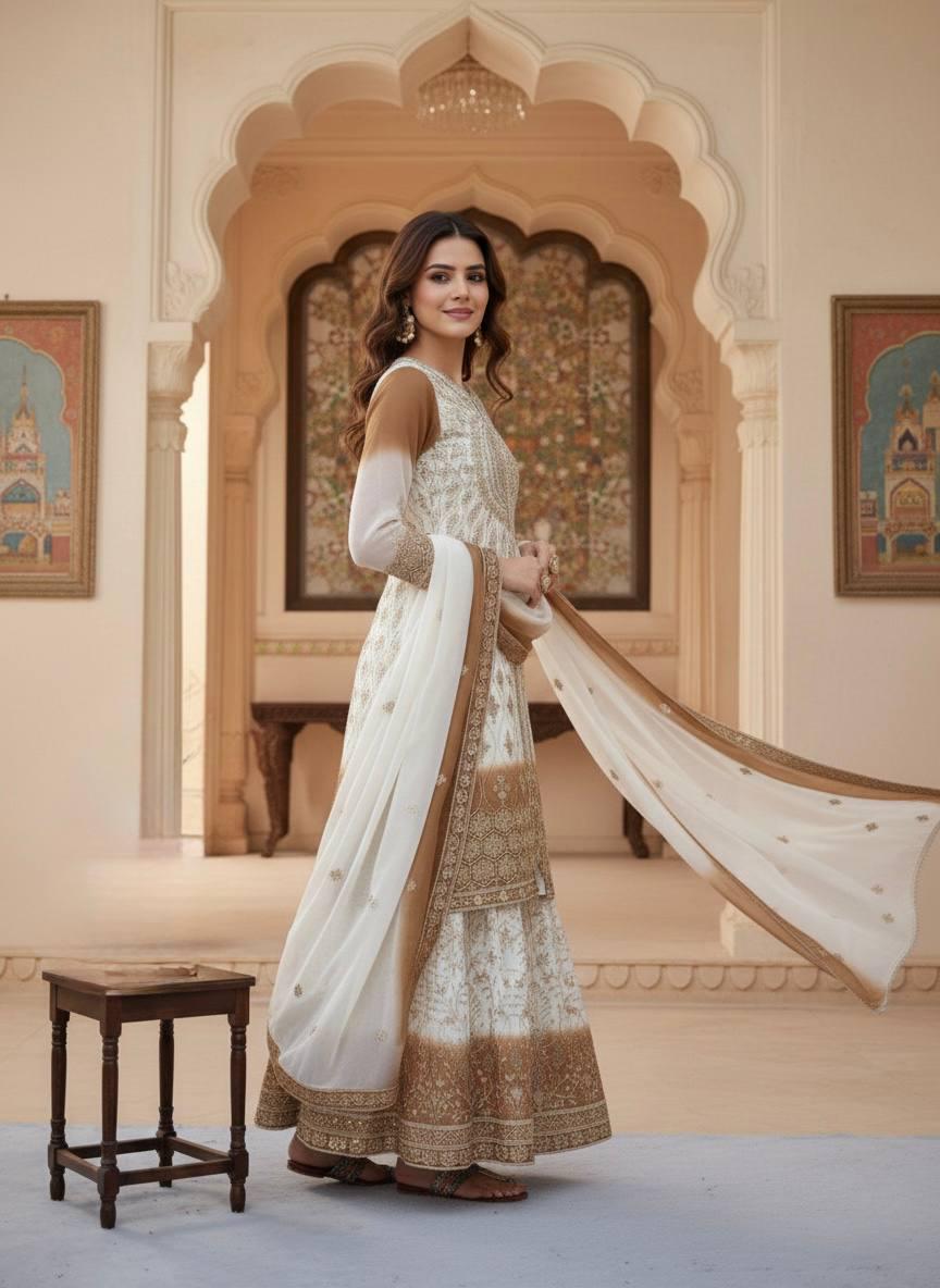 Elegant Ivory Heavy Embroidered Kurta Palazzo Dupatta Set for Weddings & Festive Wear