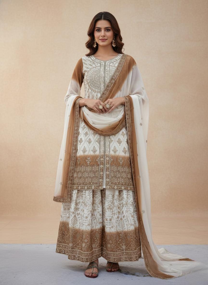 Elegant Ivory Heavy Embroidered Kurta Palazzo Dupatta Set for Weddings & Festive Wear