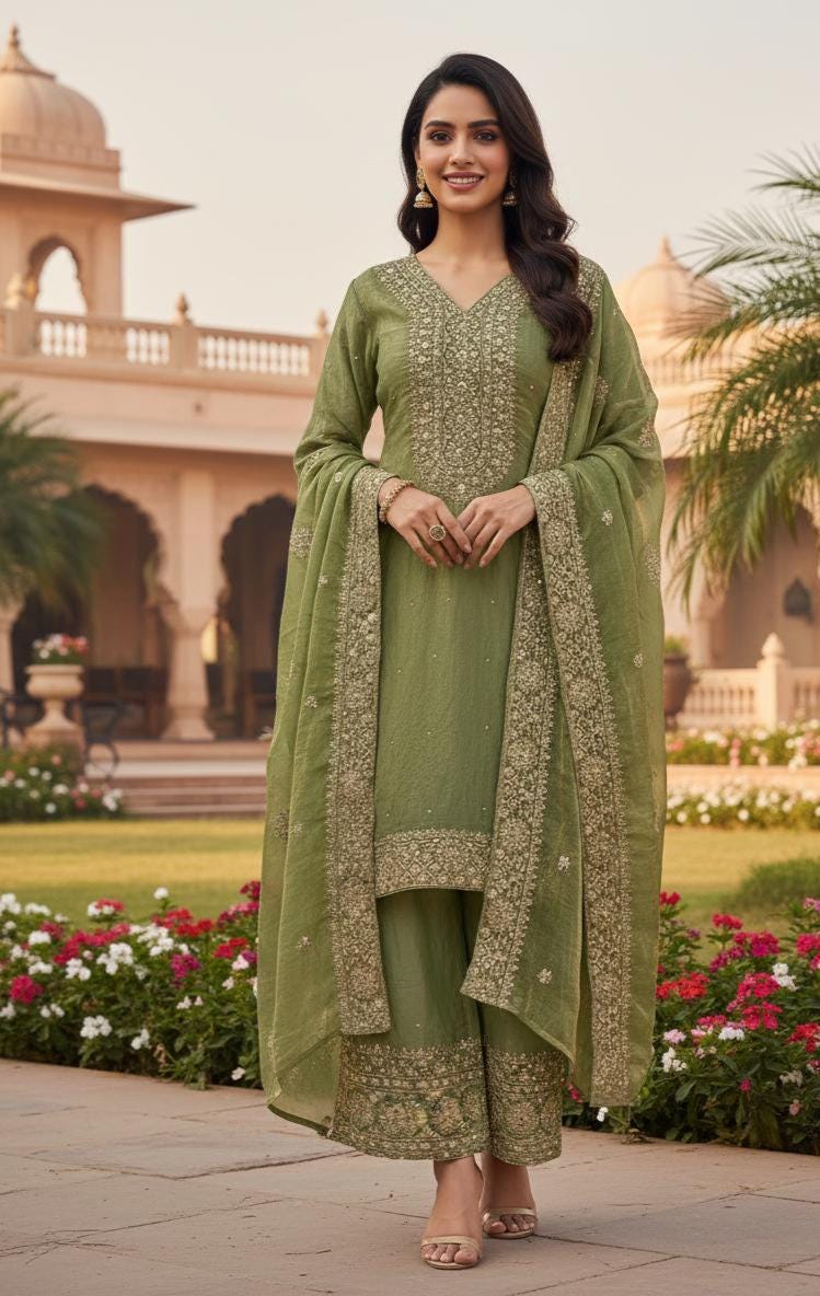 Pakistani Green Silk Eid Kurta Palazzo Outfit For Women