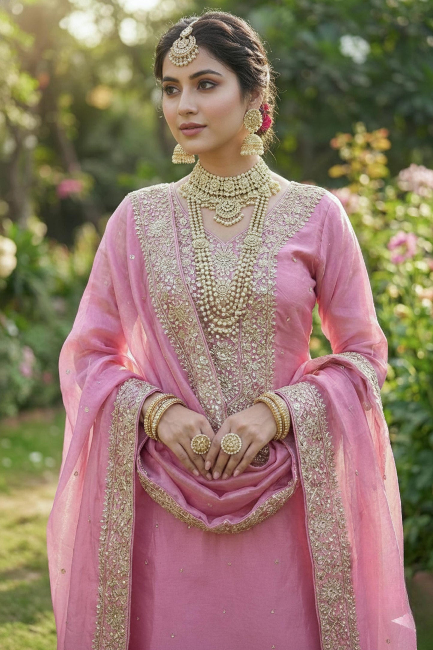 Pakistani designer Pink Bridal Silk with Organza Dupatta