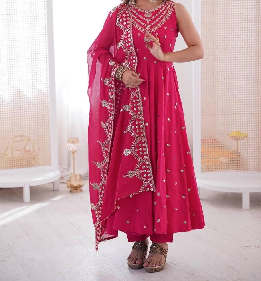 Hot Pink Flowy Anarkali Gown with Embroidered Dupatta