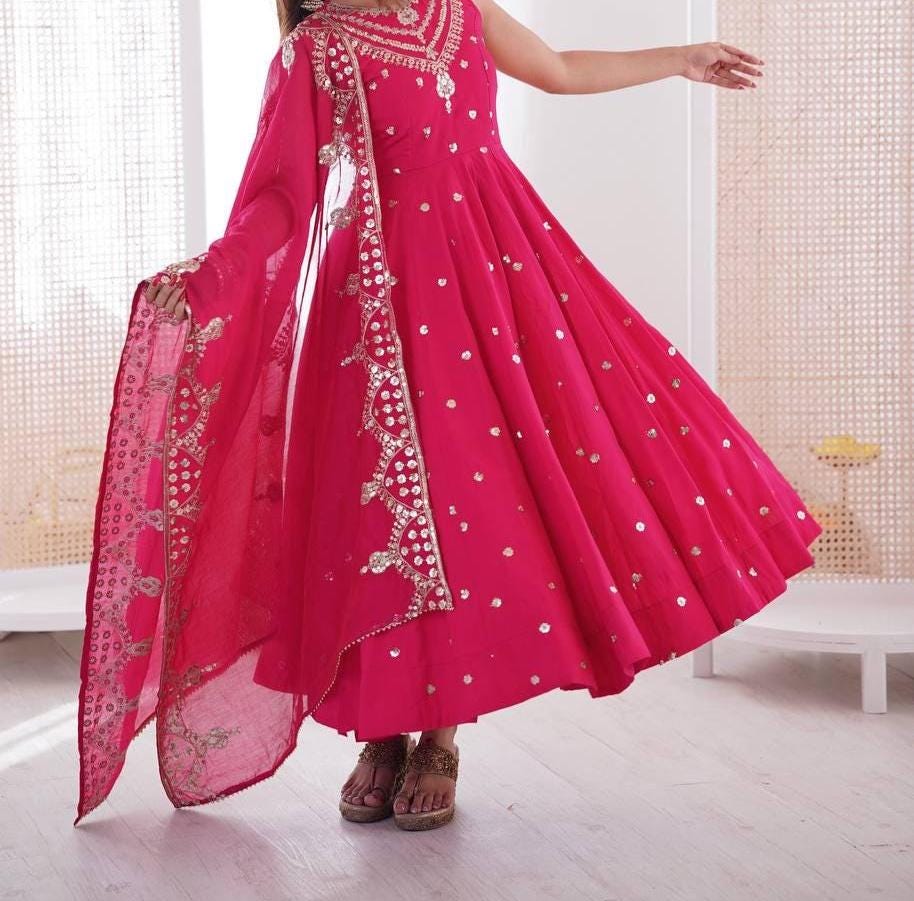 Hot Pink Flowy Anarkali Gown with Embroidered Dupatta
