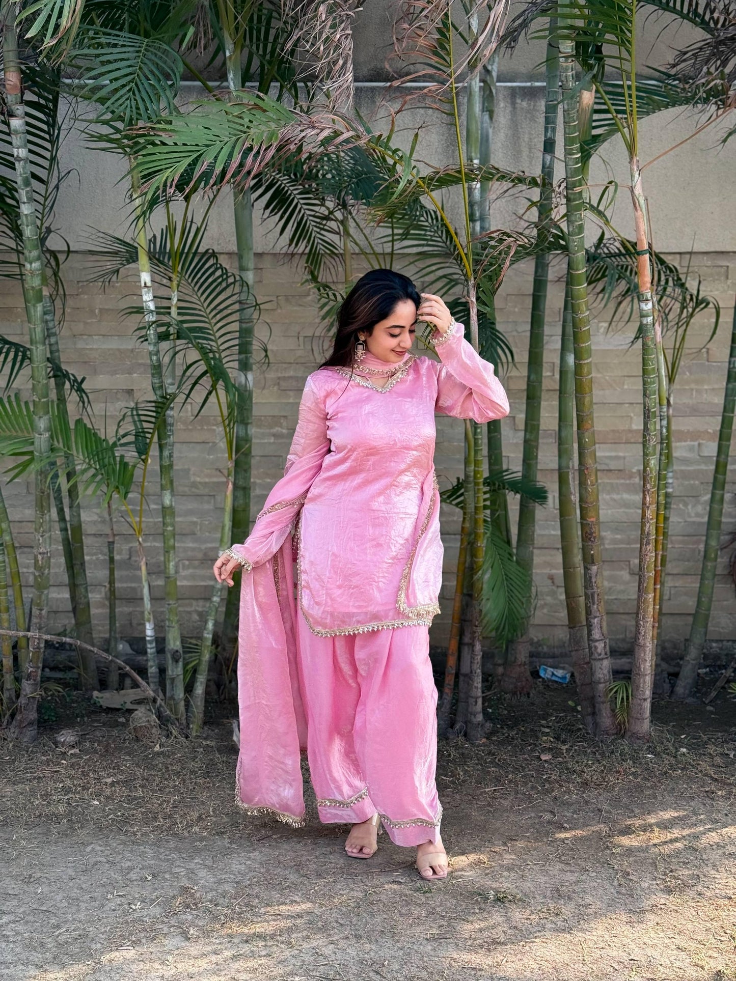 Farsi Salwar Set In Silk with Mirror Work & Zari Lace Dupatta