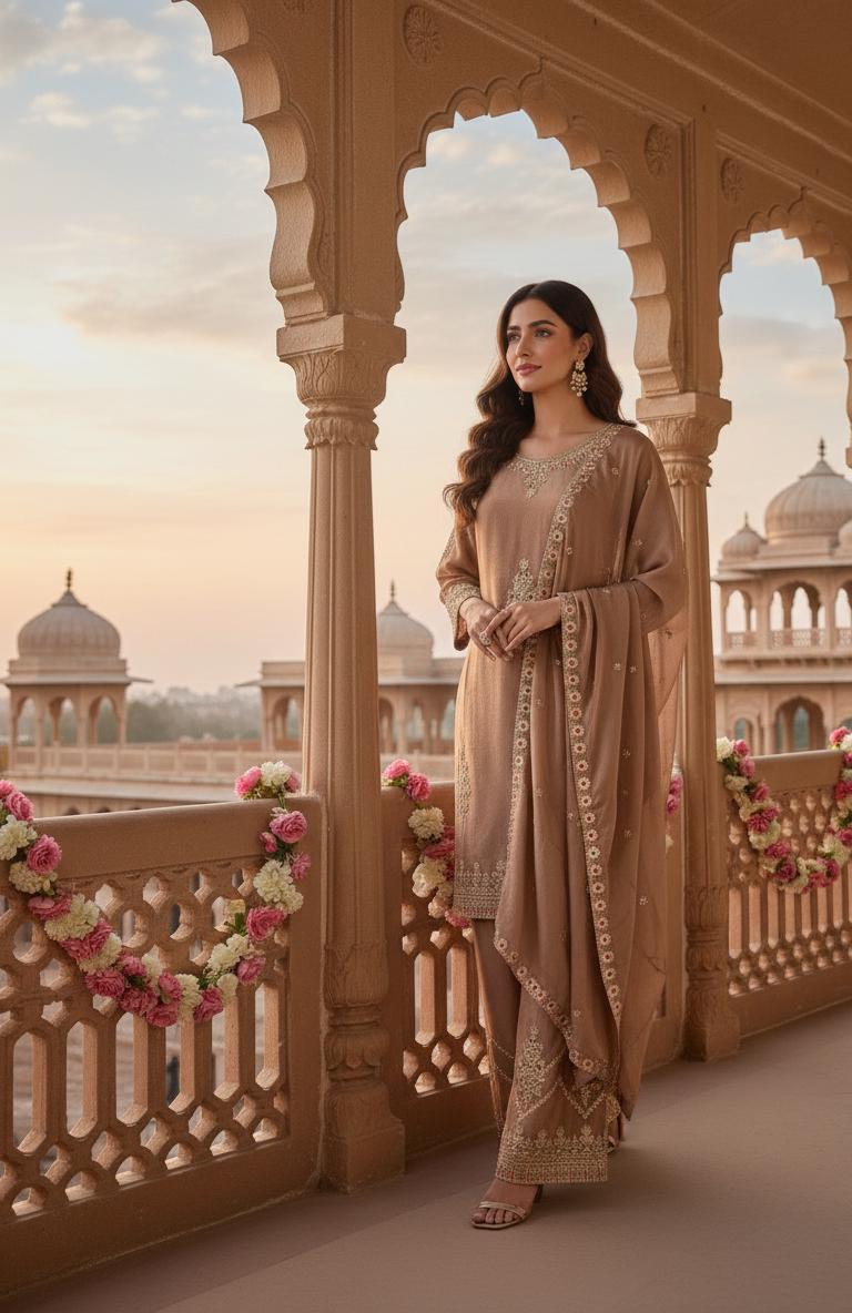 Brown Heavy Embroidered Silk Kurta Palazzo Set with Dupatta