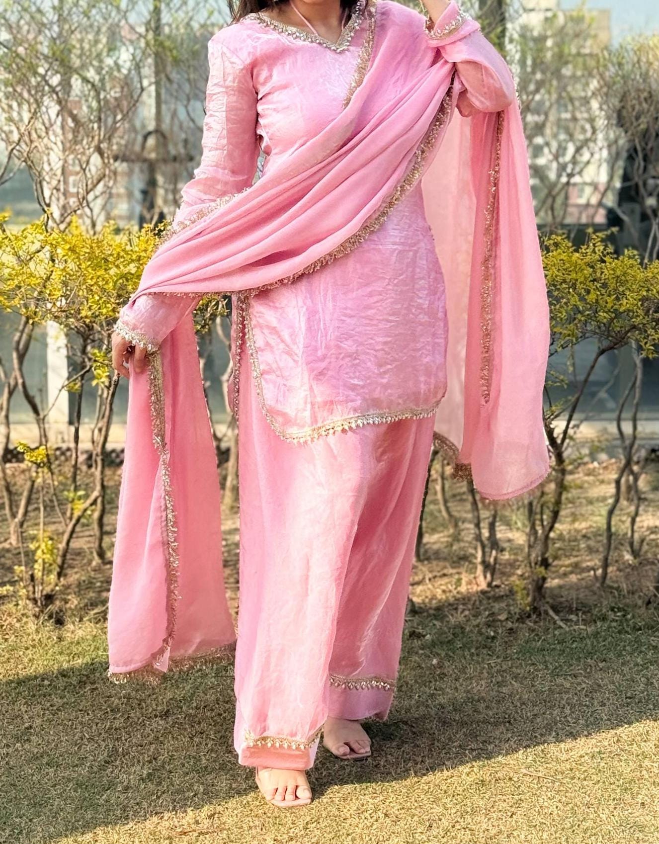 Farsi Salwar Set In Silk with Mirror Work & Zari Lace Dupatta