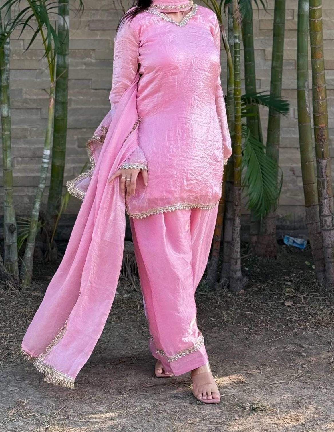 Farsi Salwar Set In Silk with Mirror Work & Zari Lace Dupatta