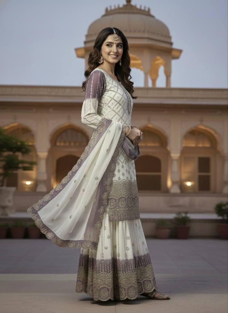 Embroidered Kurta Palazzo Suit With Dupatta Set - Georgette Dual Tone Outfit