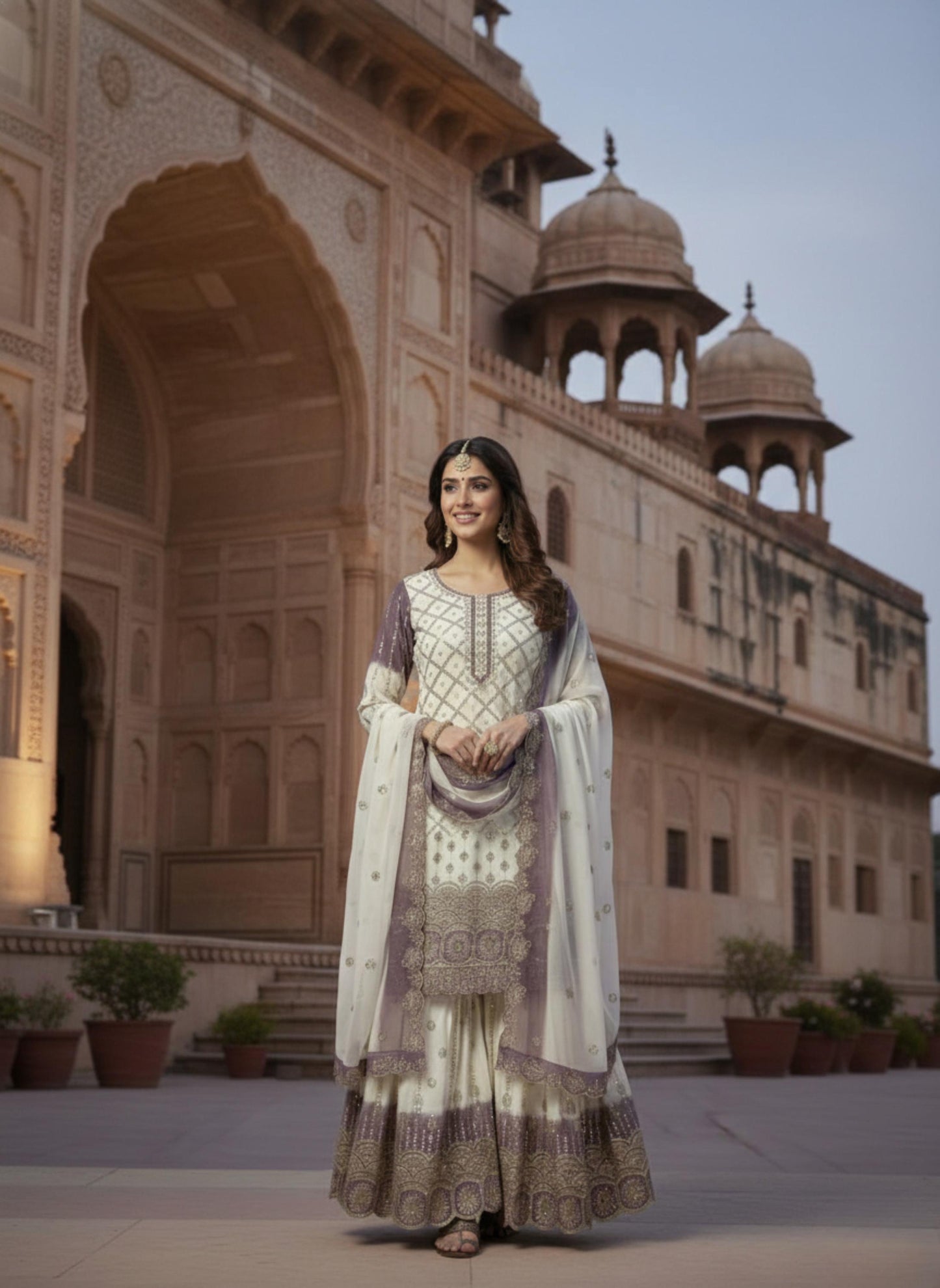 Embroidered Kurta Palazzo Suit With Dupatta Set - Georgette Dual Tone Outfit