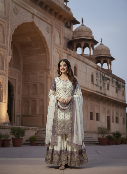 Embroidered Kurta Palazzo Suit With Dupatta Set - Georgette Dual Tone Outfit