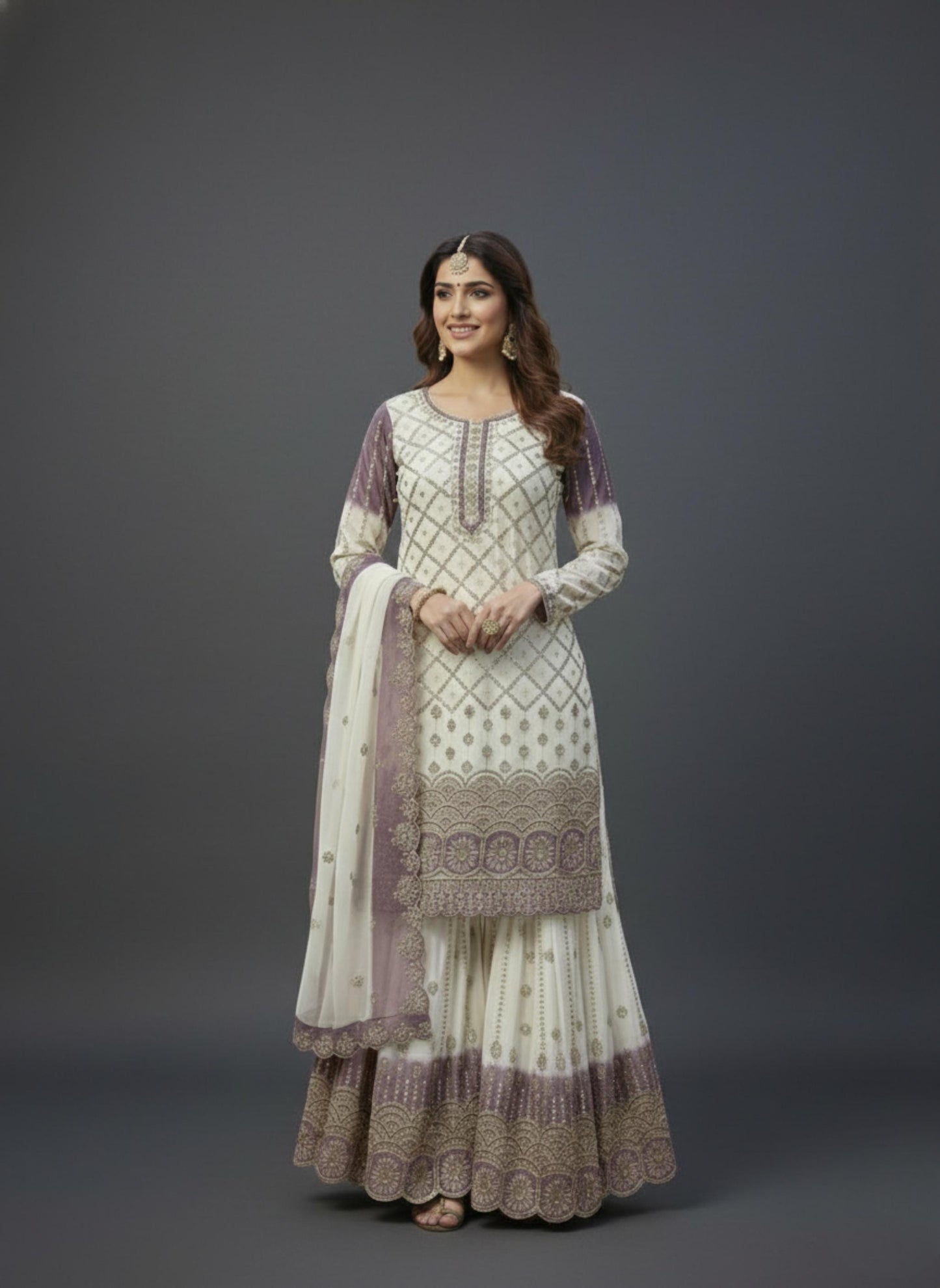 Embroidered Kurta Palazzo Suit With Dupatta Set - Georgette Dual Tone Outfit