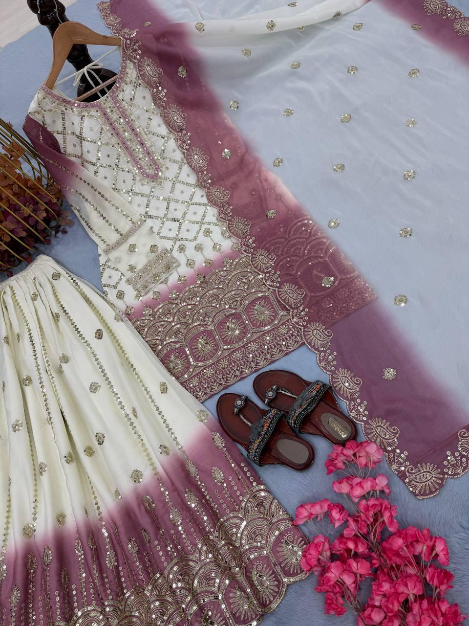 White Kurta & Pink Dual Star Georgette Sequence Work Salwar Suit