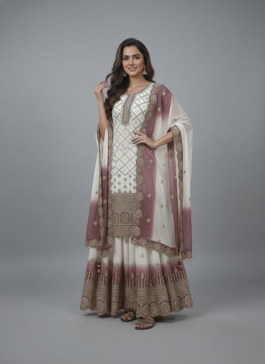 White Kurta & Pink Dual Star Georgette Sequence Work Salwar Suit