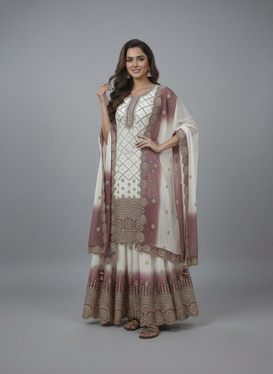 White Kurta & Pink Dual Star Georgette Sequence Work Salwar Suit