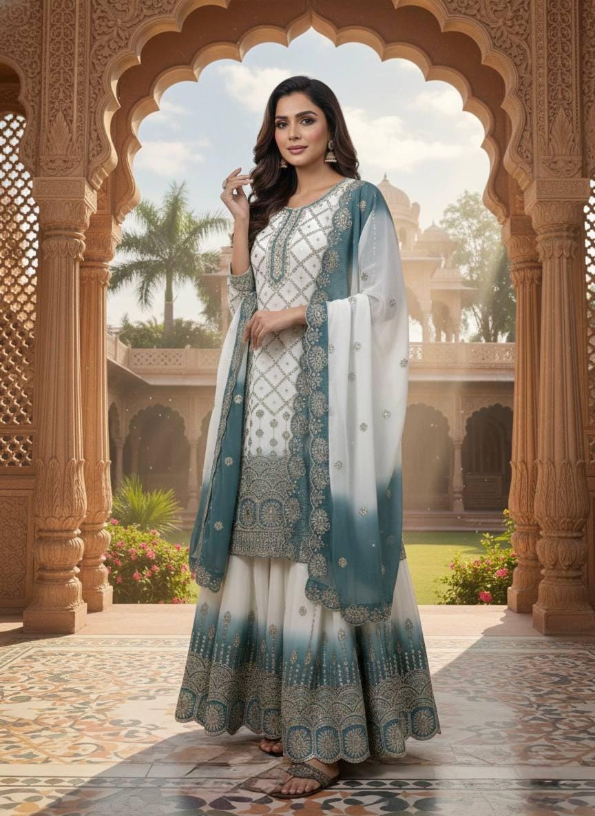 Elegant White & Teal Heavy Embroidered Kurta Palazzo Dupatta Set - Wedding Wear