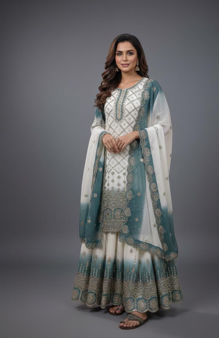 Elegant White & Teal Heavy Embroidered Kurta Palazzo Dupatta Set - Wedding Wear