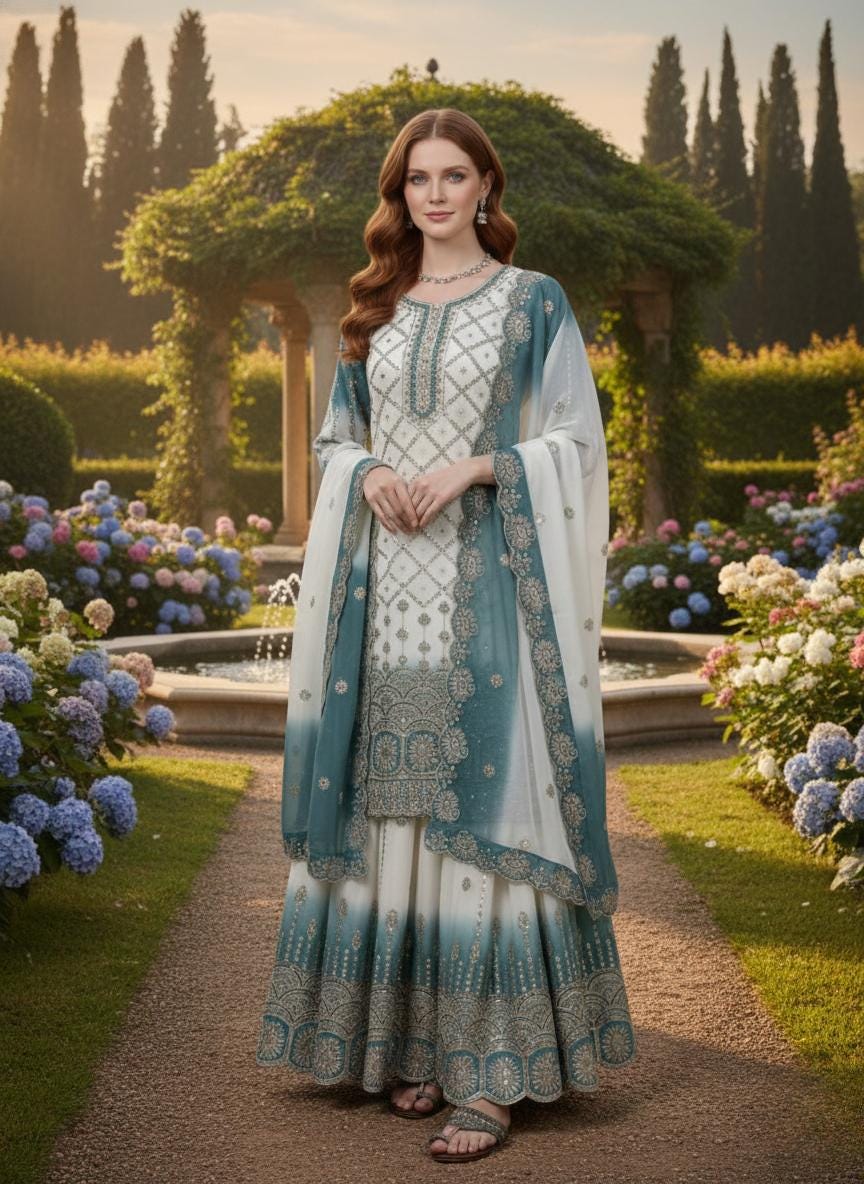 Elegant White & Teal Heavy Embroidered Kurta Palazzo Dupatta Set - Wedding Wear