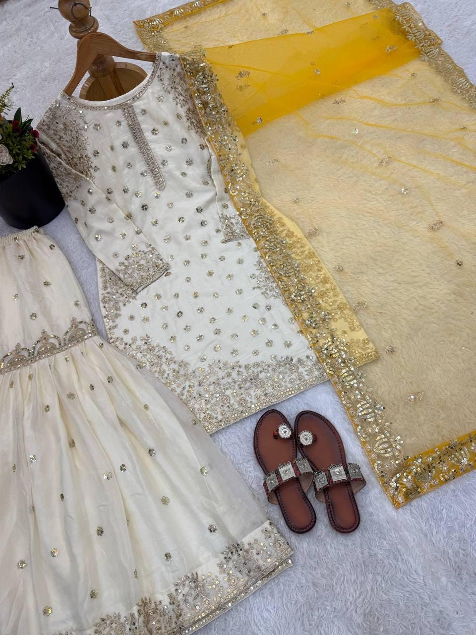 Elegant Cream Heavy Embroidered Kurti Gharara Dupatta Set for Eid & Weddings