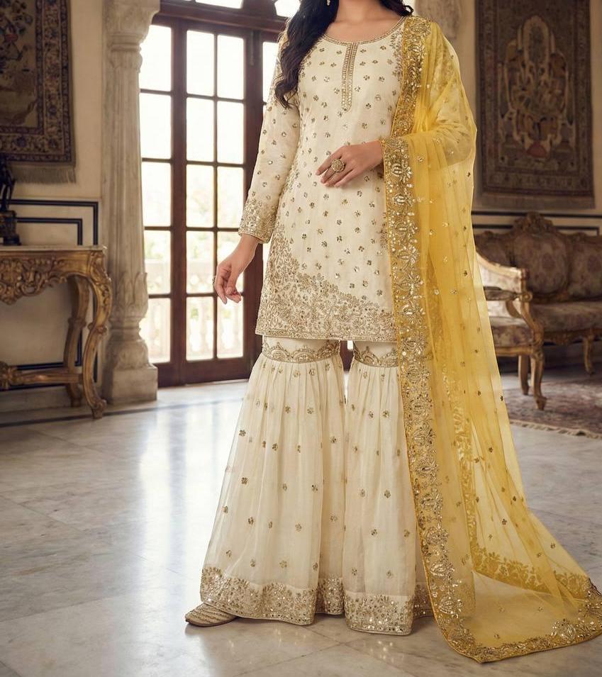 Elegant Cream Heavy Embroidered Kurti Gharara Dupatta Set for Eid & Weddings
