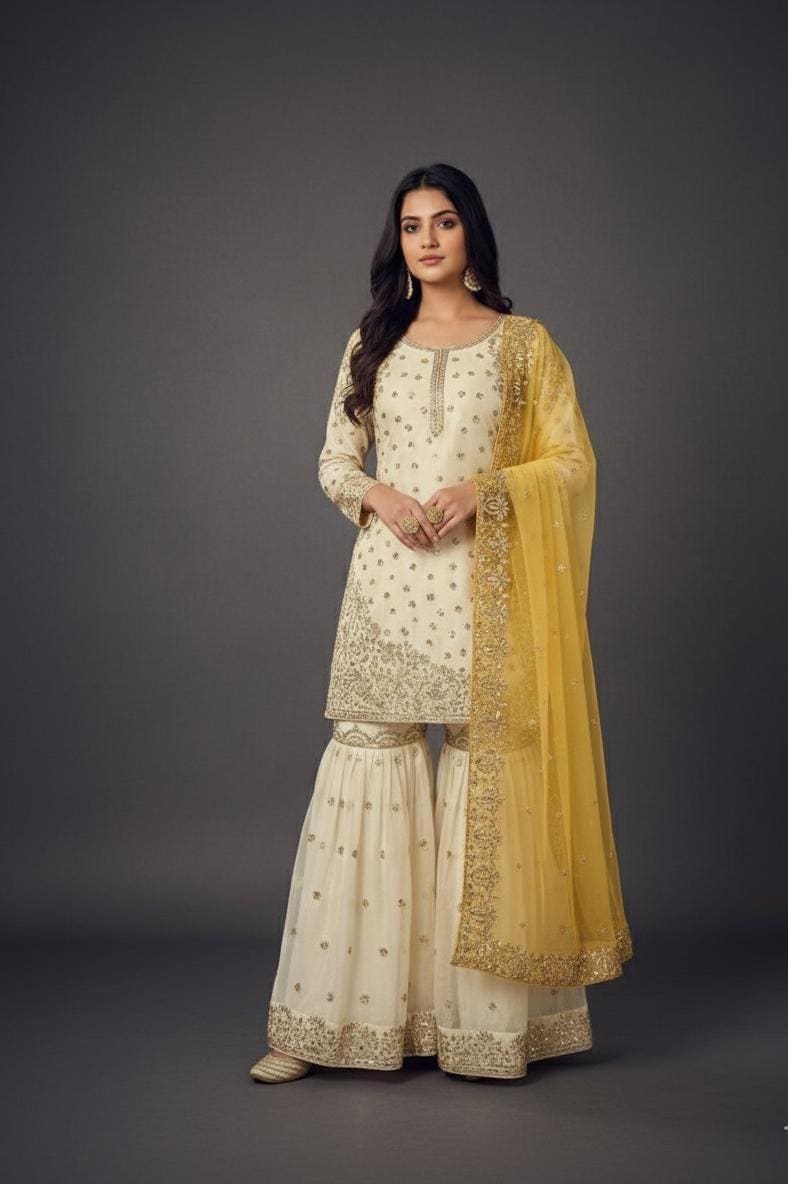 Elegant Cream Heavy Embroidered Kurti Gharara Dupatta Set for Eid & Weddings