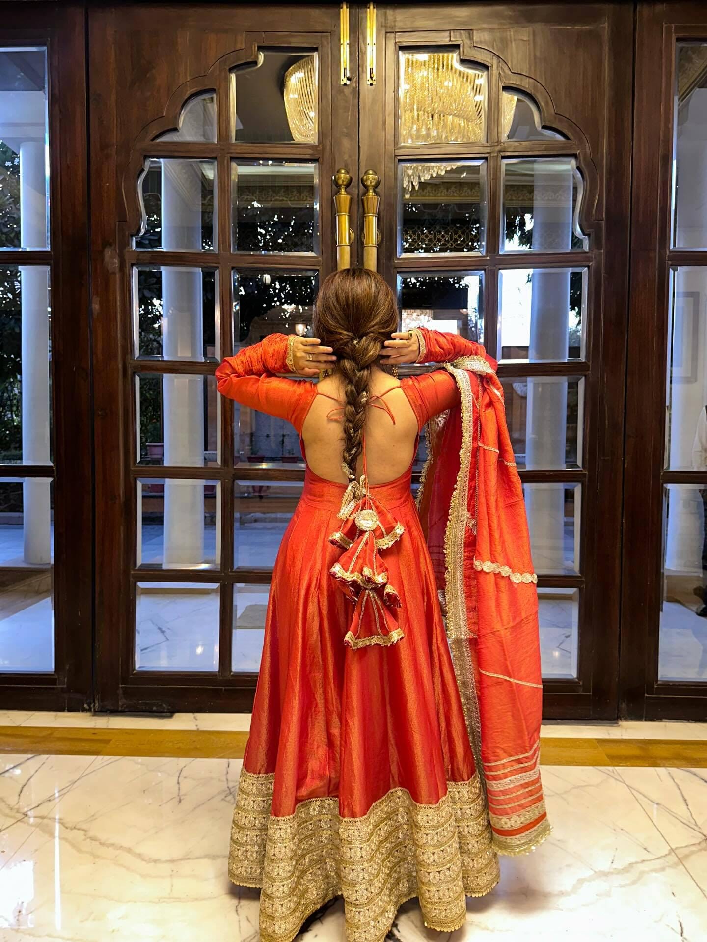 Rust Designer Silk Anarkali Gown Set with Dupatta & Pant