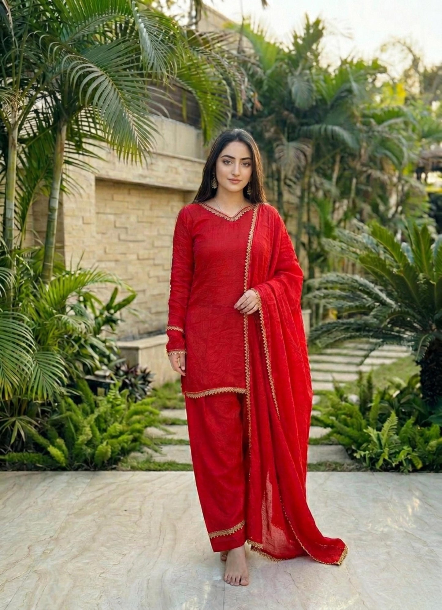 Pakistani Red Pure Silk Kurta & Farshi Salwar Suit For Special Eid Outfit